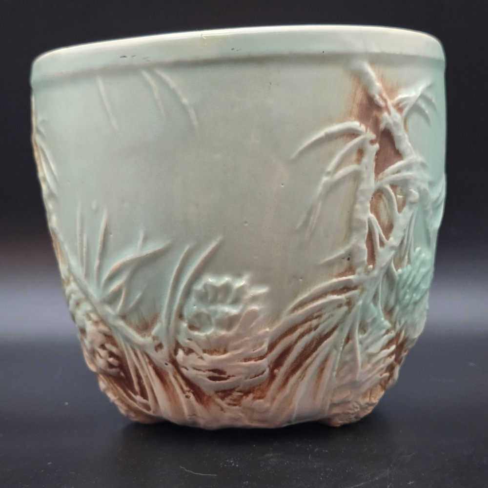 Vintage McCoy Rustic Line Planter Aqua Green Brown Vintage